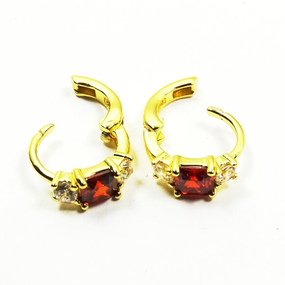 SAVVY CIE JEWELRY January Birthstone Gold Plated Red & Clear CZ Hoop Earrings - Picture 2 of 7